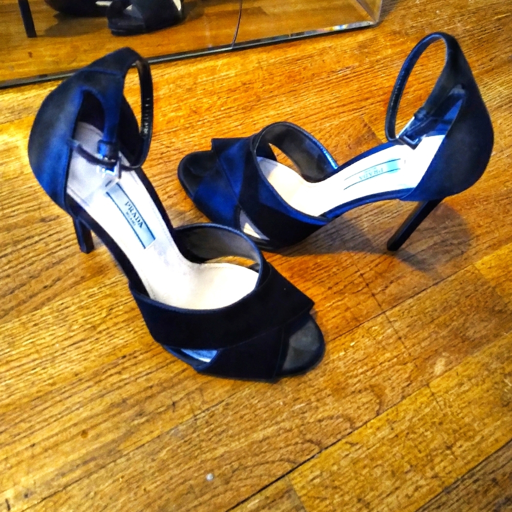 Prada black ankle strap suede heels